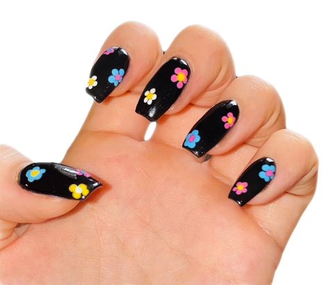 Black Nails Floral Design, Black Nails With Floral Design, Black Nails With Colorful Flowers, Black Nail With Flower Design, Black Bright Nails, Flowers On Black Nails, Black And White Nails With Flowers, Black And Flower Nails, Emo Spring Nails