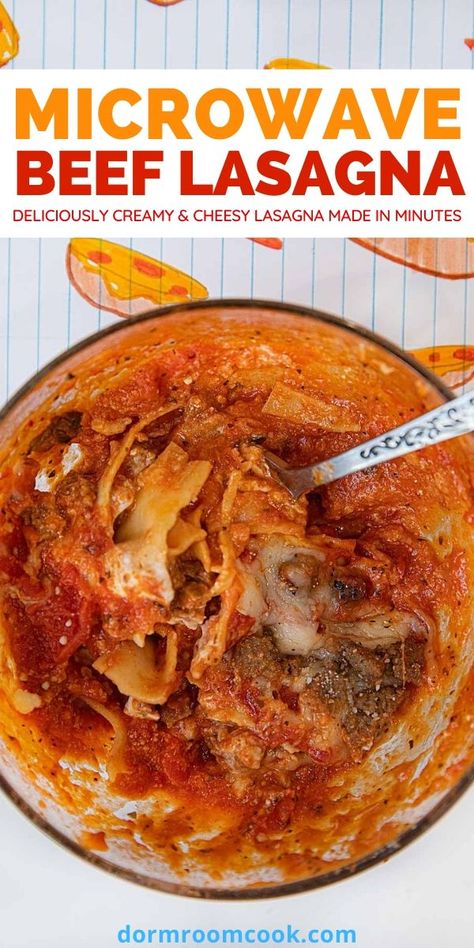 Deliciously creamy & cheesy lasagna made in minutes. #Microwave #Microwavecooking #College #Collegelife #Dormroomcook Anyday Microwave Recipes, Microwave Lasagna, Microwave Recipes Dinner, Microwave Foods, College Dinner, Microwave Cooking Recipes, Healthy College Meals, Hotel Meals, Meatballs Pasta