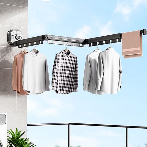 Features: Wall Mounted Clothes Drying Rack Applying multiple scenarios, you can dry multiple clothes at the same time. You can place this drying rack on the balcony, in the bathroom, in the laundry room, or by the bedroom window. If you want your clothes to dry in more sunlight, you can turn the rack over and dry your clothes outside the window. This laundry rack is a thickened and longer base, the product weighs large, sturdy and durable, the maximum load is not less than 220 pounds, and it can hang a lot of clothes at one time. The wall-mounted folding drying rack has 2/3 nodes that can be rotated 360° so that it can be easily adjusted to the desired position. Up to 10/15 windproof hooks can be rotated 360°. The drying rod with a total length of 94/128cm, including a 25cm hidden rod, The Wall Drying Rack, Folding Clothes Rack, Wall Mounted Clothes Drying Rack, Folding Clothes Drying Rack, Indoor Drying, Wall Mounted Drying Rack, Clothes Hanger Rack, Laundry Hanger, Home Balcony