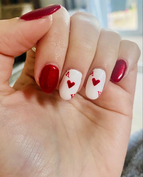 Ace Spade Nails, Ace Card Nails, Card Themed Nails, Ace Of Hearts Nails, Playing Cards Nails, Deck Of Cards Nails, Playing Card Nails, Card Nails, Queen Of Hearts Nails