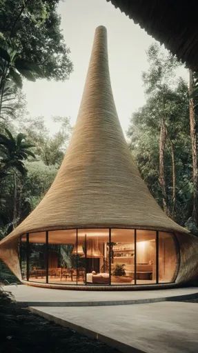 ↑↑↑ Larger size on website 🔸 A modern, circular house with a distinctive, tall, conical roof made of woven material sits in a lus Curved Roof House, Circular House, Large Glass Windows, Circular Buildings, Round Building, Building Roof, Hobbit House, Tropical Forest, House Roof