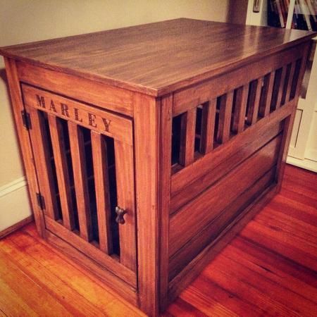 Prettiest dog crate you've ever seen.  Of course it's diy!  Wood plan project pet crate end table stained diy furniture. Crate End Table, Dog Crate End Table, Dog Crate Table, Crate End Tables, Diy Dog Crate, Wooden Dog Crate, Crate Table, Stained Table, Dog Kennels