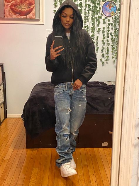 Stacked Black Jeans Outfit, Stud School Outfits, Baggy Stud Outfits, Stud Outfits Black Women, Styles For Tomboys, Stud Aesthetic Outfits, Stud Dressy Outfits, Stud Outfit Ideas, Tomboy Outfits Black Women