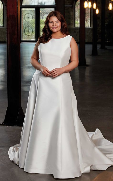 CLOVER is an A-Line ivory Mikado gown, illusion back with rhinestones and pearl beading, and buttons to the end of the train. Wedding Simple Dress, Eddy K Wedding Dress, Mikado Gown, Curvy Wedding Dress, Mikado Wedding Dress, Curvy Wedding, Minimalistic Wedding, Eddy K, Wedding Simple