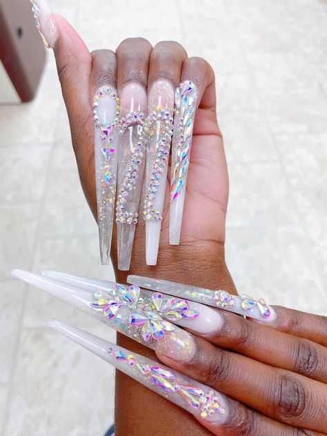 Bling rhinestone diamond extra long xl 22 birthday nails stiletto square coffin Super Long Nail Designs, Extremely Long Acrylic Nails, Extra Long Acrylic Nails, Super Long Nails, Xxl Nails, Extra Nails, Acrylic Nails Stiletto, 22 Birthday, December Nails