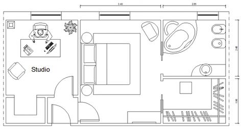 Double bed bedroom with attached office top view layout plan dwg file Master Suite With Office, Office Top View, Double Bed Bedroom, Master Suite Layout, Master Suite Floor Plan, Office Floor Plan, Ideal Bedroom, Bedroom Addition, Bedroom Furniture Layout