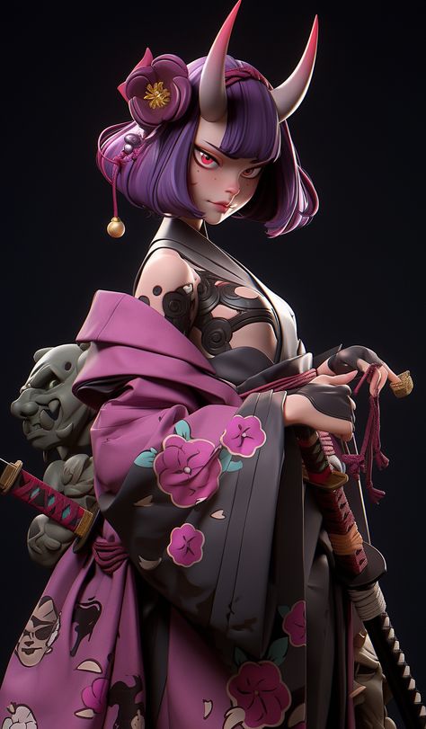 Oni Concept Art, Aesthetic Explosion, Oni Aesthetic, Oni Woman, Oni Design, Oni Girl, Female Samurai, Female Artwork, Samurai Artwork