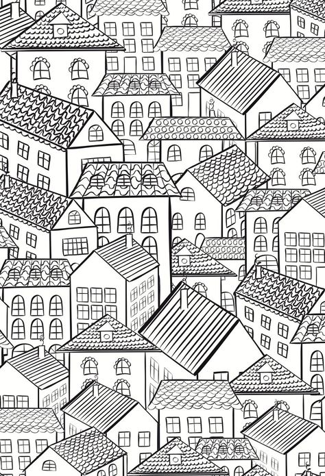 Houses - by The One and Only Colouring Book for Adults Urban Drawing, Town Houses, House Colouring Pages, Illustration Styles, Building Illustration, Adult Colouring Pages, White Drawing, House Quilts, Pola Sulam