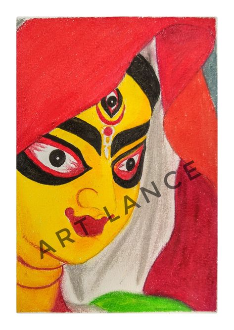 Durga Puja Drawing, Durga Drawing, Durga Face, Ma Durga, Oil Pastel Colours, Bengali Art, God Artwork, Oil Pastel Paintings, Pastel Paintings