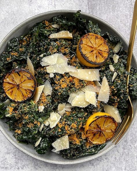 Spicy Bread, Charred Lemon, Lemon Kale Salad, Lemon Kale, Garlic Kale, Kale Caesar, Lemon Recipe, Kale Caesar Salad, Seasonal Salad