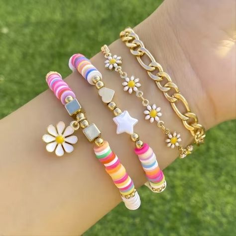 Brand New 4 Stackable Bracelets Wear Together Or Separately Daisy Floral Gold Plated Chain Start Heart Bead Clay Beads Blossom Bracelet, Preppy Bracelets, Clay Bracelet, Women's Jewelry Sets, Bangle Bracelets With Charms, Cute Bracelets, Hand Jewelry, Charm Bangle, Bride Jewellery