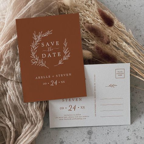 $1.95 | Minimal Leaf | Terracotta Save the Date #elegant save the date announcement, modern wedding save the dates, botanical save the date, classic whimsical minimalist leaves k102, greenery wreath save the date, terracotta save the date postcard, rustic save the date postcard, simple save the date postcard, bohemian autumn earthy burnt orange, minimal boho fall desert rust Fall Wedding Save The Date Ideas, Fall Save The Dates, Winterthur Wedding, Fall Desert, Save The Date Classic, Whimsical Minimalist, Minimalist Leaves, Bohemian Autumn, Simple Save The Date