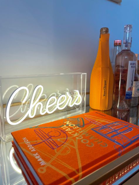 Cart Ideas, Bar Cart Decor, Light Up Signs, Bathroom Tile Designs, Veuve Clicquot, Moving Out, Senior Year, House Inspo, Tile Bathroom