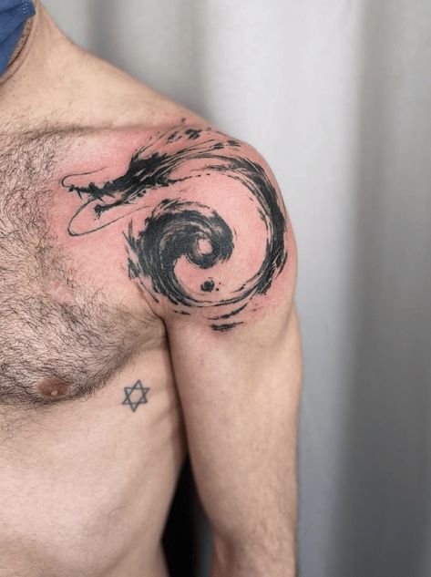 Japanese Brush Stroke Yin Yang Dragon Tattoo Dragon Yin Yang Tattoo Design, Cursed Tattoo Design, Japanese Brush Strokes Tattoo, Yin Yang Shoulder Tattoo, Yin Yang Tattoos Men, Japanese Dragon Shoulder Tattoo, Yin Yang Tattoo Men, Back Shoulder Tattoo Men, Dragon Tattoo Aesthetic