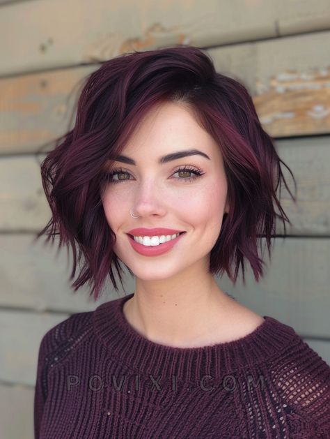 Discover 37 Trendy Fall Hair Colors for Short Hair 2024 Including Pixie and Bob Cuts Fun Colored Short Hair, Witchy Short Hair, Burgundy Balayage Short Hair, Burgundy Bob Hair, Plum Short Hair, Short Bob Color Ideas, Fall Hair Color Short Hair, Maroon Short Hair, Fall Hair Colors For Short Hair