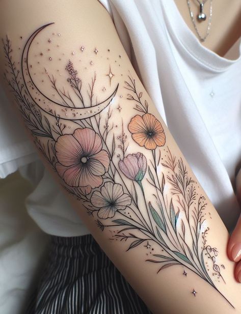 Floral tattoo ideas that bloom with creativity. Transform your skin into a garden of art! Pretty Flowers Tattoo Design, Vintage Floral Tattoos Forearm, Mother Nature Tattoos Sleeve, Green Floral Tattoo, Wild Flower Tattoo Designs, Floral Thigh Tattoos Women, Whimsical Tattoo Ideas, Wild Flower Tattoo Sleeve, Different Flower Tattoos