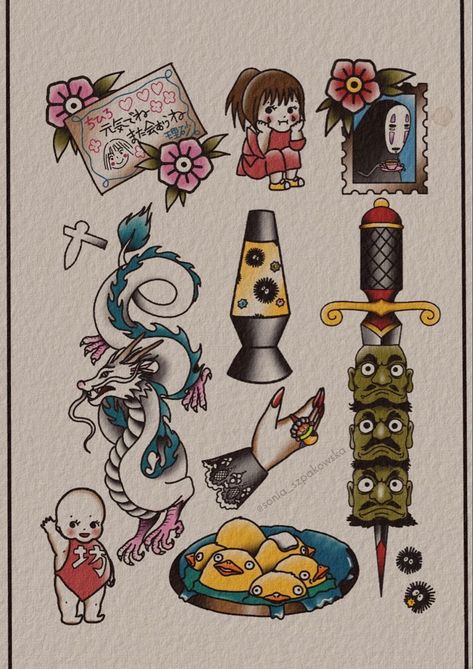 Studio Ghibli American Traditional Tattoo, American Traditional Studio Ghibli, Traditional Ghibli Tattoo, Traditional Style Anime Tattoo, Traditional Studio Ghibli Tattoo, Occult Tattoo Designs, Studio Ghibli Traditional Tattoo, Traditional Cartoon Tattoo, Anime Traditional Tattoo