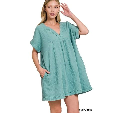 Our Zenana Women & Plus Relaxed Fit Gauge Rolled Short Sleeve Raw Edge Mini V-Neck T-Shirt Dress are perfect knee length summer dress that can be worn for any occasions. TheLovely carries the latest trendy gauze rolled mini tunic dress with free shipping and returns for 30 days. Check out Zenana dresses at TheLovely for your satisfaction guaranteed. This dress is perfect for wwimsuit cover ups for women is made of 100% Cotton. This Gauge Rolled dress is very soft and lightweight. Solid color beach swimwear cover ups tunic dresses can keep you cool and comfy on the hot summer days. What is gauze material? - gauze, light, open-weave fabric made of cotton when used for surgical dressings and of silk and other fibres when used for dress trimming. The benefit of gauze clothing is Garments made Zenana Dresses, Gauze Clothing, Summer Dresses Knee Length, Roll Dress, Tunic Dresses, Mini Tunic Dress, Dress Trims, Gauze Dress, Weave Fabric