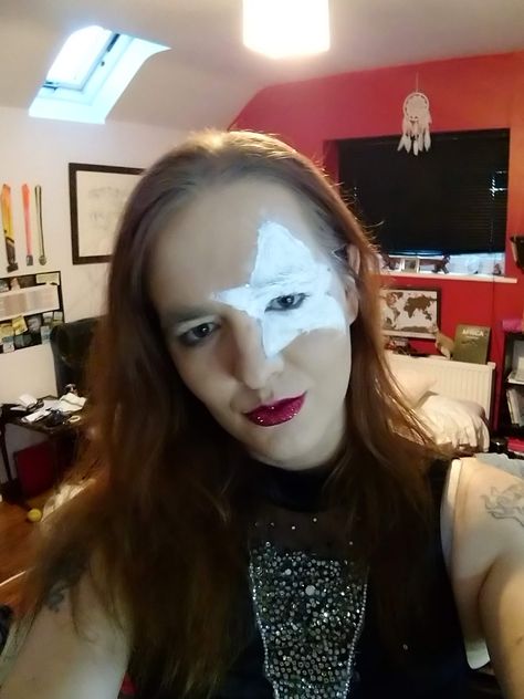 I took the makeup look of Paul Stanley from KISS (Star Child) and looked at a reverce so white eye star not black skin over white face paint. and upgraded the red lip by making it a glitter red lip. White Face Paint, Star Child, Theatrical Makeup, Paul Stanley, Star Children, White Eyes, Red Lip, White Face, Red Lips