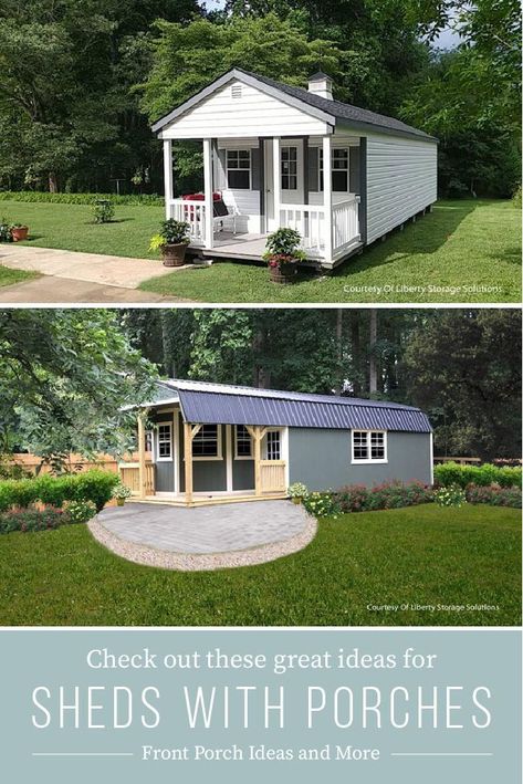 Great diy ideas and inspiration for how to add a porch to your backyard garden shed, she shed or he shed! Check out these photos for porch addition and decor ideas. #shed #frontporchideas She Shed With Porch, Sheds With Porches, She Shed Exterior, Woodworking Shed, Shed Exterior Ideas, Shed Homes Ideas, She Shed Plans, He Shed, Shed With Loft