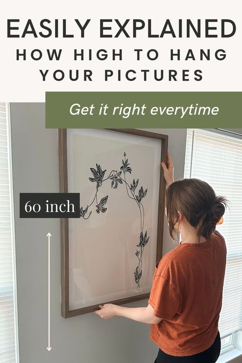 How to hang pictures on high wall How High To Hang Pictures Above Bed, Picture Above Bed, Picture Hanging Height, Picture Hanging Tips, Pictures Above Bed, Hanging Pictures On The Wall, Pictures On Wall, Hallway Pictures, Hang Pictures