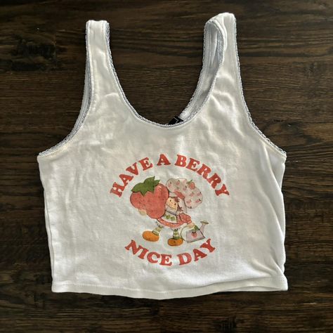 1990s Strawberry Shortcake white and red crop top... - Depop Strawberry Cute, Summer Tanks, Red Crop Top, White And Red, Strawberry Shortcake, Crop Top, Crop Tops, Red, White