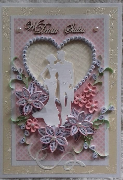 Images By Elzbieta Wojciechowska On Ślubne Quilling Kartki Quilled Wedding Cards, Wedding Quilling, Quilling Hearts, Quilling Design, First Anniversary Paper, Valentine Heart Card, Chloes Creative Cards, Paper Quilling Flowers, Paper Quilling Cards