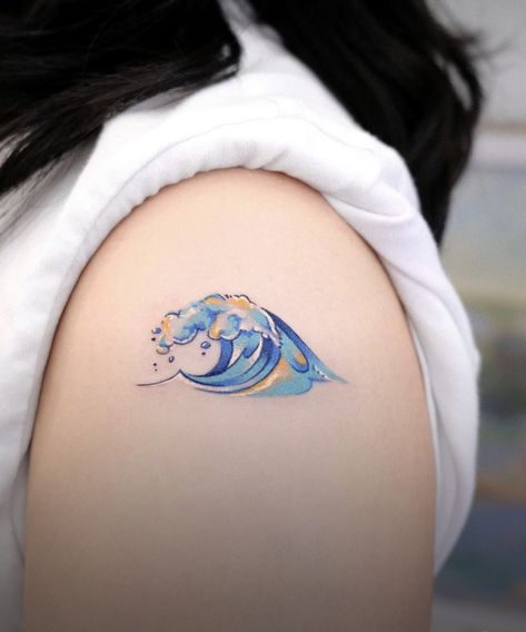 Blue Ocean Tattoo, Watercolor Waves Tattoo, Blue Wave Tattoo, Watercolor Wave Tattoo, Wave Watercolor Tattoo, Wave Tattoo Wrist, Moomin Tattoo, Ocean Wave Tattoo, Beachy Tattoos