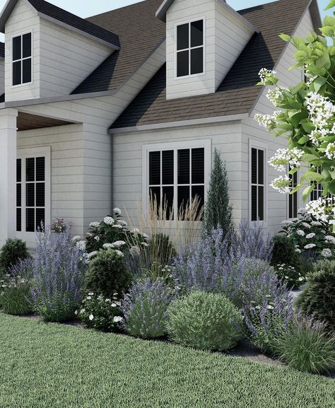 Trees In Front Of Windows, European Style Landscaping, Colonial Exterior Landscaping, Plants Against House, Cape Cod Landscaping Front Yards, Under Window Landscaping, Hydrangea Patio, French Country Landscaping, Cape Cod Landscaping