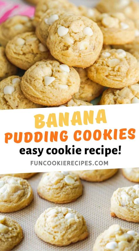 Banana Pudding Cookies Easy, Banana Cream Cookies Recipe, Cookie Pudding Recipes, Banana Split Cookies, Banana Cream Cookies, Banana Pudding Dessert, Fun Cookie Recipes, Banana Pudding Cookies, Pudding Cookies Recipes