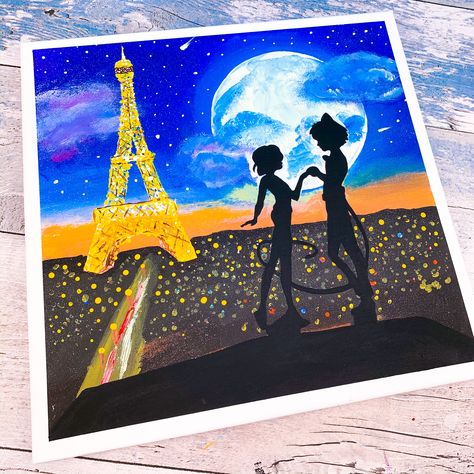 Ladybug and catnoir in Eiffel Tower of Paris, acrylic Painting on canvas for beginners Painting Ideas On Canvas Eiffel Tower, Miraculous Ladybug Canvas Painting, Ladybug And Cat Noir Painting, Miraculous Ladybug Painting Ideas, Miraculous Painting Ideas, Eiffel Tower Painting Acrylic, Miraculous Ladybug Painting, Miraculous Painting, Paris Canvas Painting