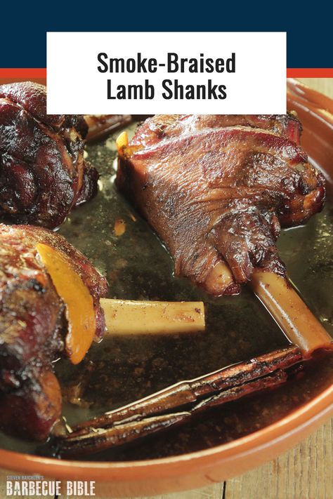 Smoke-Braised Lamb Shanks - Sweet, salty, spice-scented, and rich in umami flavors—it’s Asian barbecue at its most awesome. Recipe from Steven Raichlen's Project Smoke. Smoked Lamb Shank Recipe, Bge Recipes, Braised Lamb Shanks Recipe, Lamb Shanks Recipe, Shanks Recipe, Smoked Lamb, Pellet Smoker Recipes, Bbq Lamb, Lamb Shank Recipe