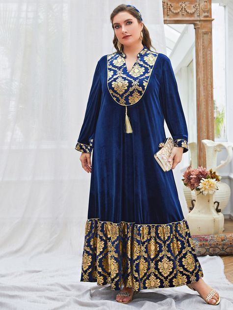 Blue Casual  Long Sleeve Velvet Floral Tunic  Slight Stretch Spring/Fall Plus Size Dresses Damask Material, Velvet Dress Plus Size, Arabian Dress, Fall Plus Size, Cotton Kurti Designs, Abaya Dress, Classy Dress Outfits, Damask Print, Hijab Fashion Inspiration