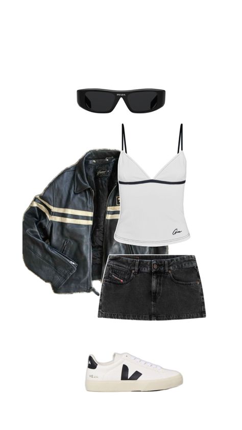 Future Concert Outfit Ideas, Hot Casual Outfits, Fashion Magazine Aesthetic, Magazine Aesthetic, Skirt Sneakers, Black Mini Skirt Outfit, Black And White Outfit, Leather Skirt Outfit, Outfit Inspo Casual