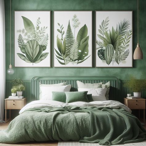 Green Bedroom Green Colour Drenched Bedroom, Botanical Bedroom Ideas, Botanical Bedroom, Green Bedroom Ideas, Rustic Bedside Table, Mint Walls, Green Accent Walls, Natural Wood Furniture, Green Bedroom