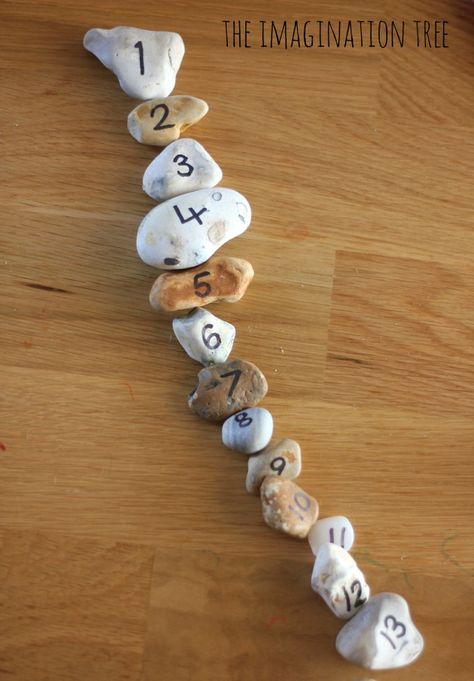 The Imagination Tree writes numbers on pebbles with permanent marker, & then uses them for for counting, ordering & addition maths activities. Early Years Maths, Imagination Tree, Maths Games, Addition Games, Subtraction Activities, Natural Number, Math Number Sense, Math Manipulatives, Number Activities