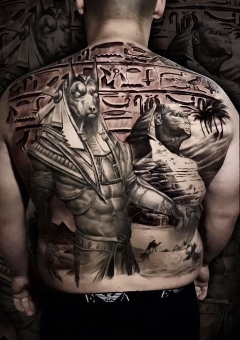 Have you been looking for a tattoo associated with myths and Ancient Egypt? In our article, you will learn who Anubis is and what unique meaning is inherent in this tattoo. Anubis Full Back Tattoo, Egyptian Back Tattoo Men, Anubis Back Tattoo, Egyptian Back Tattoo, Pharaoh Tattoo, Egypt Tattoo Design, Egypt Mythology, Full Back Tattoo, Egyptian Eye Tattoos