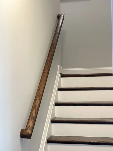 Basement railing stained using a dark stain to match the stairs. Dark Stained Stairs, Diy Railings For Stairs, Stain And Seal Wood, Basement Railing, Stain Stairs, Staining Stairs, Redo Stairs, Wood Staining, Floor Options