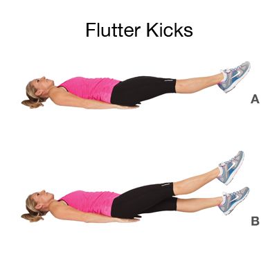 Flutter Kicks. How to do it: Lie flat on your back with your arms tucked slightly under your hips with palms facing down. Lift your feet 6 to 8 inches off the floor. Quickly kick (flutter) your legs up and down, raising and lowering your feet only a few inches. Note: to make the exercise easier, raise your legs up higher than the 6 to 8 inches. To make the exercise more difficult, keep your feet closer to the ground. Lose Arm Fat Workout, Arm Fat Workout, Hip Fat Workout, Core Circuit, Bigger Hips Workout, Belly Workouts, Workouts At The Gym, Exercise Regularly, Lose Arm Fat