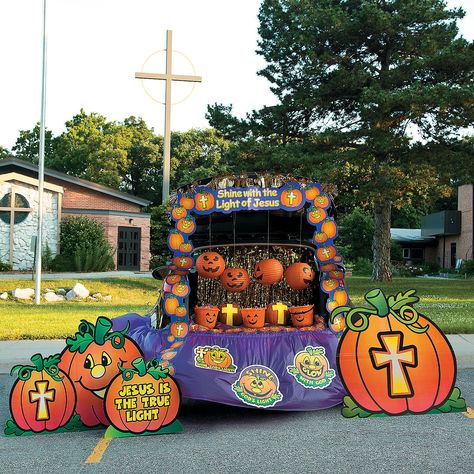 Trunk-or-Treat+Shine+God's+Light+Décor+Idea+-+OrientalTrading.com                                                                                                                                                                                 More Christian Pumpkin, Church Trunk, Church Halloween, Trunk Or Treat Ideas, Harvest Fest, Festival Ideas, Harvest Party, Treat Ideas, Trunk Or Treat