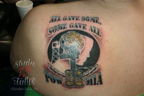 #POW #MIA #army #soldierscross #tattoo #studio13tattoo #back Pow Mia Tattoo, Mia Tattoo, Military Tattoo, 13 Tattoos, Military Tattoos, Pow Mia, Skull Tattoo, Tattoos, Quick Saves