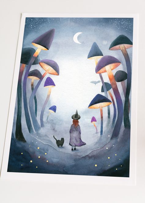 Watercolor Magic Forest, Magical Forest Illustration, Purple Entryway, Magical Mushroom Forest, Fairytale Watercolor, Familiar Art, Magical Cottagecore, Witch And Her Cat, Vintage Mushroom Art