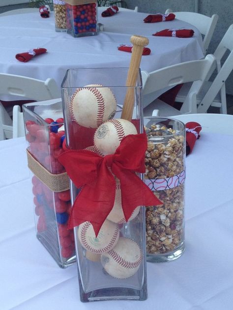 baseball table decor | Cute Baseball themed table centerpiece Planning Sport, Baseball Centerpiece, Baseball Table, Sports Party Decorations, Creative Centerpieces, Baseball Theme Party, Sports Baby Shower, Boy Baby Shower Ideas, Baseball Decor