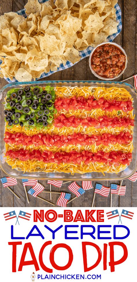 No-Bake 7 Layer Taco Dip in Flag Shape - such a fun and patriotic dip for Memorial Day, 4th of July, and Labor Day! Can just layer the dip ingredients if not serving for a patriotic holiday. Refried beans, diced green chiles, guacamole, taco seasoning, sour cream, corn, cheese, tomatoes, green onions, and olives. Can add ground beef, chicken, lettuce, onions, bell peppers - whatever you like! Make in advance and refrigerate for later. #nobake #dip #tacodip #7layerdip #flagdip Patriotic Dip, Mexican Party Games, Sour Cream Corn, Hot Taco Dip, Layer Taco Dip, 7 Layer Taco Dip, Layered Bean Dip, Nacho Dip, Taco Dip Recipe