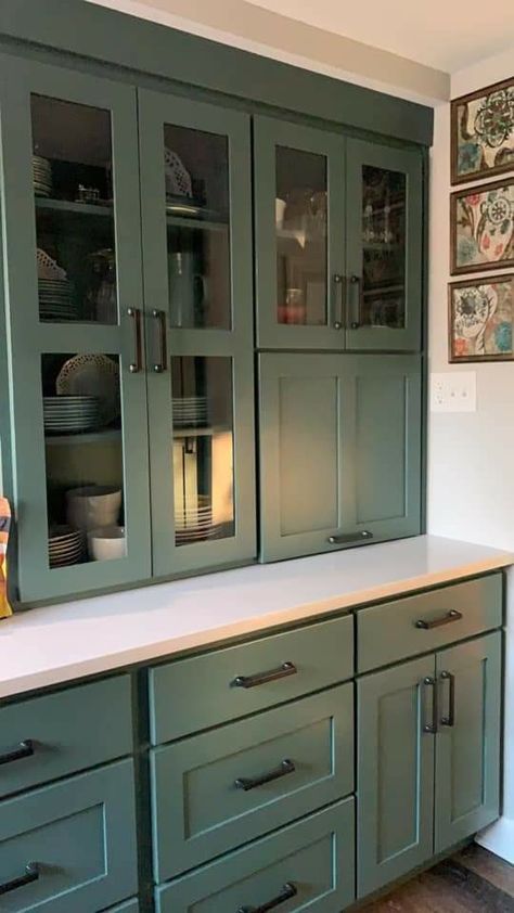 Green Kitchen Cabinets Black Hardware, Green Cabinets With Black Hardware, Green Cabinets Black Hardware, Letnja Kuhinja, Green Shaker Cabinets, Shaker Cabinets Kitchen, Glass Kitchen Cabinet Doors, Laundry Room/mud Room, Mudroom Ideas