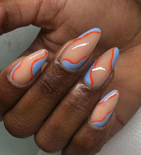 Blue Orange Nails, Shape Acrylic Nails, Swirl Nail, Orange Acrylic Nails, Swirl Nail Art, Girls Nail Designs, Swirl Nails, Almond Acrylic Nails, Almond Nail