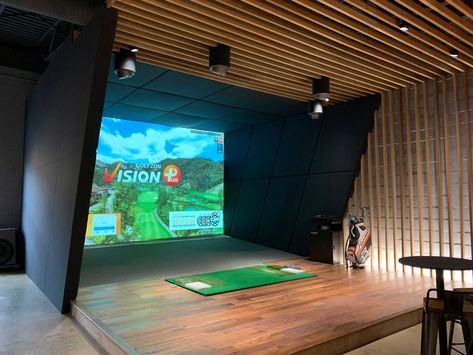 Golfzon | Residential Golf Simulator | Indoor Golf Simulator Golf Simulator And Media Room, Virtual Golf Room Design, Golf Simulator Business, Home Golf Simulator Room, Golf Simulator Basement, Golf Simulator Bar, Indoor Golf Room, Golf Simulator Shed, Baseball Simulator