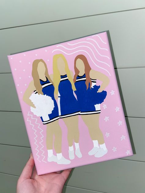 Cheerleader Canvas Painting, Cheerleader Painting On Canvas, Cheerleading Painting, Cheer Paintings Ideas, Cheerleader Painting, Cheer Painting, Friend Painting Ideas, Painting Friends, Gymnastics Cakes