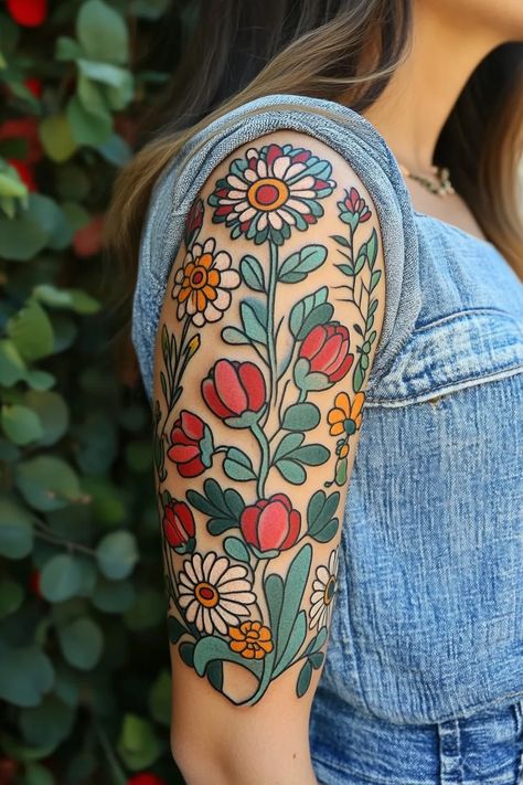 Woman Nature Sleeve Tattoo Ideas 62 Womens Neo Traditional Tattoo, Filler Nature Tattoos, Women American Traditional Sleeve, Vintage Americana Tattoo, Meaningful Traditional Tattoos, Folk Floral Tattoo, Patchwork Sleeve Filler, Folk Traditional Tattoo, Filler Flowers Tattoo