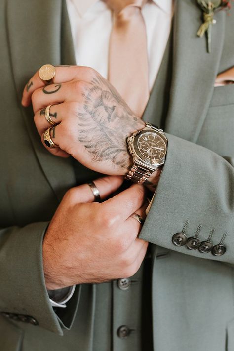 Groom in festive green suit with gold watch and rings Partridge Photography, Green Christmas Wedding, Grooms Accessories, Wedding Accessories For Men, Groom Jewellery, Christmas Wedding Themes, Elegant Pearl Jewelry, Kent Wedding Venues, Pronovias Bridal